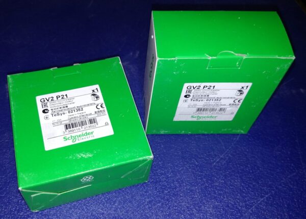 Two green Schneider Electric GV2 P21 boxes
